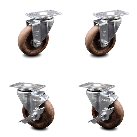 Service Caster 4 Inch High Temp Glass Filled Nylon Swivel Top Plate Caster Set with 2 Brakes SCC-20S414-GFNSHT-TP3-2-TLB-2